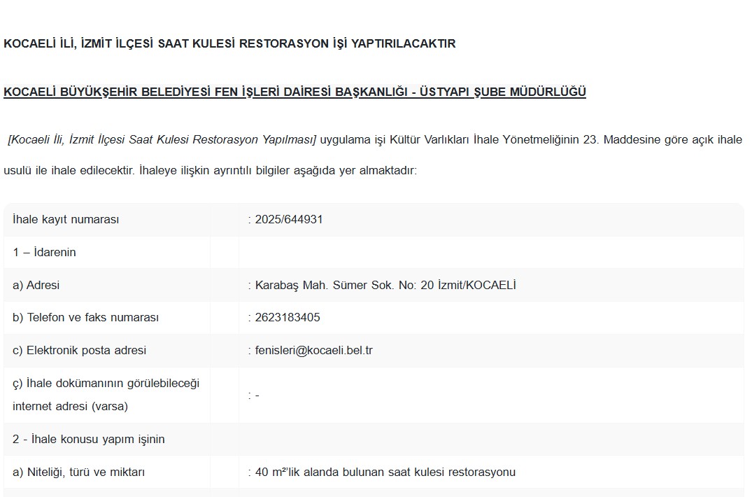 İzmit Saat Kulesi  ihalesi