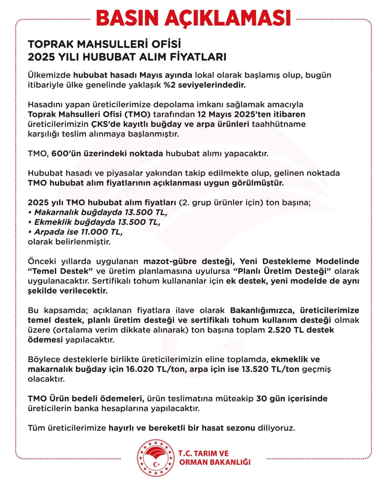 Tmo 2025 Yılı Hububat Alım Fiyatlarını Açıkladı