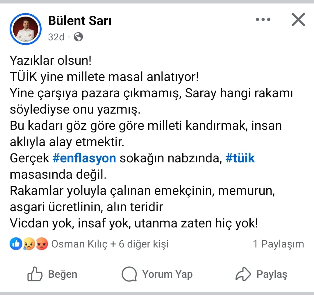 Bülent Sarı’dan Tüi̇k’e Sert Enflasyon Tepkisi