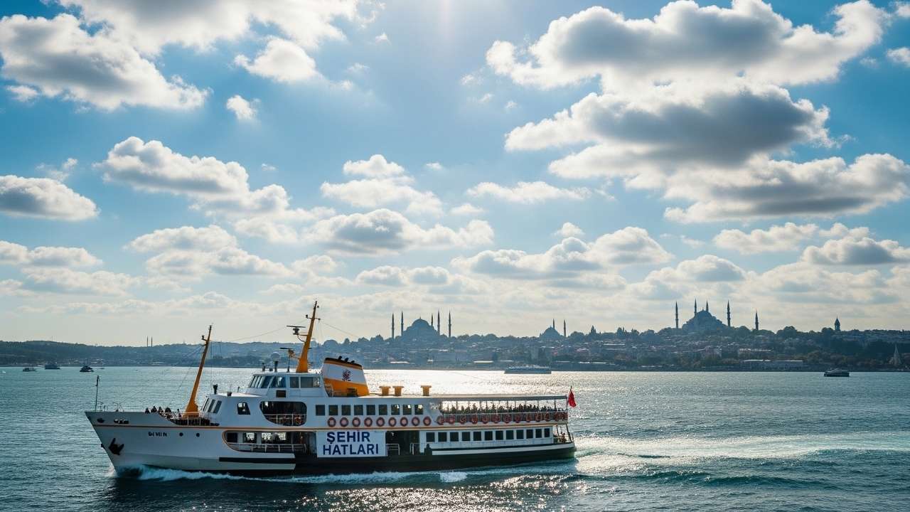 İstanbul Boğazı'nda Güneşli Ve Parçalı Bulutlu Bir Günde Vapur