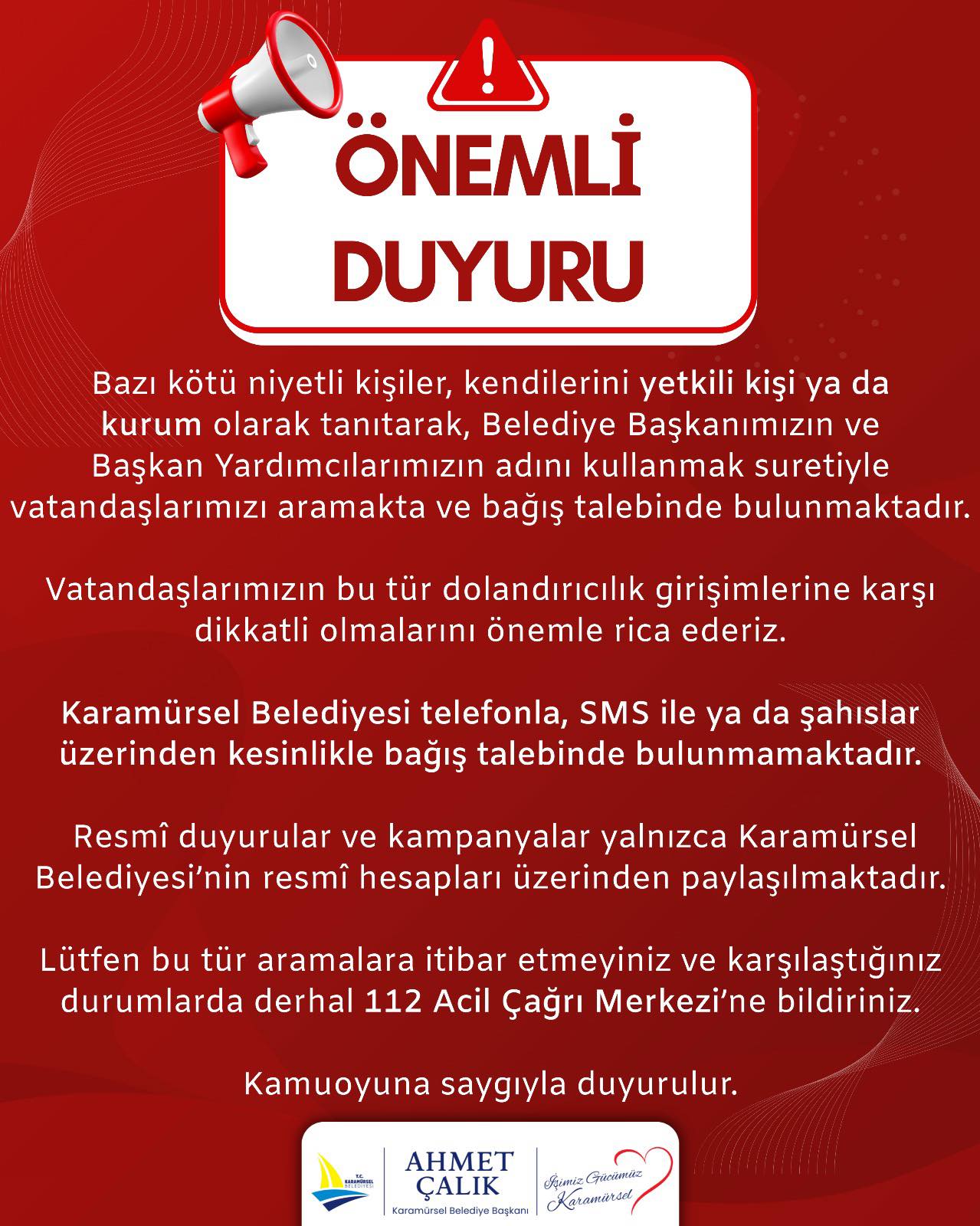 Karamürsel Belediyesi’nden Dolandırıcılık Uyarısı