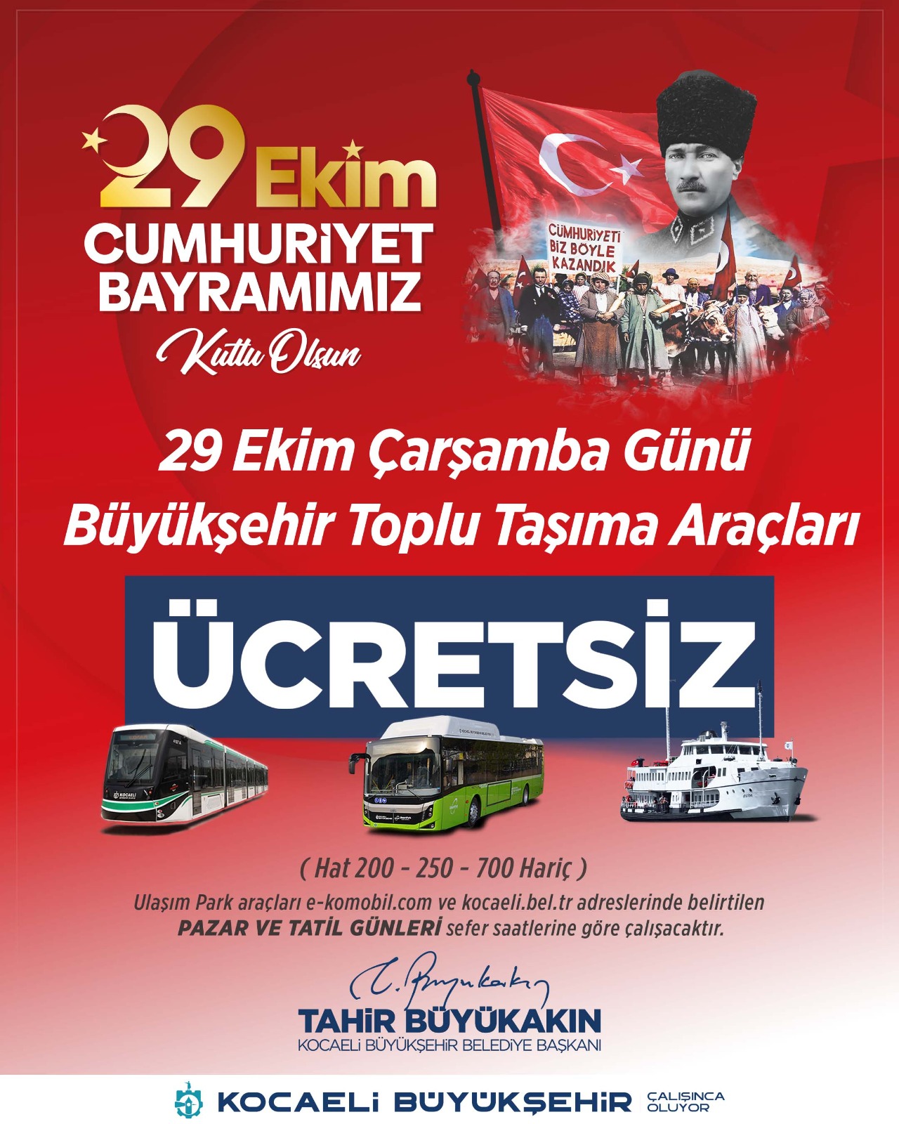 29 Ekim'de Toplu Ulaşım Ücretsiz