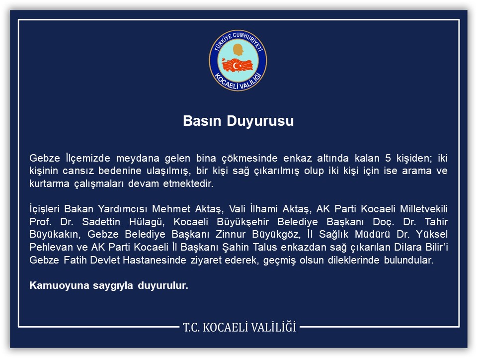 Gebze’de Çöken Bina İçin Kocaeli Valiliğinden Açıklama Geldi