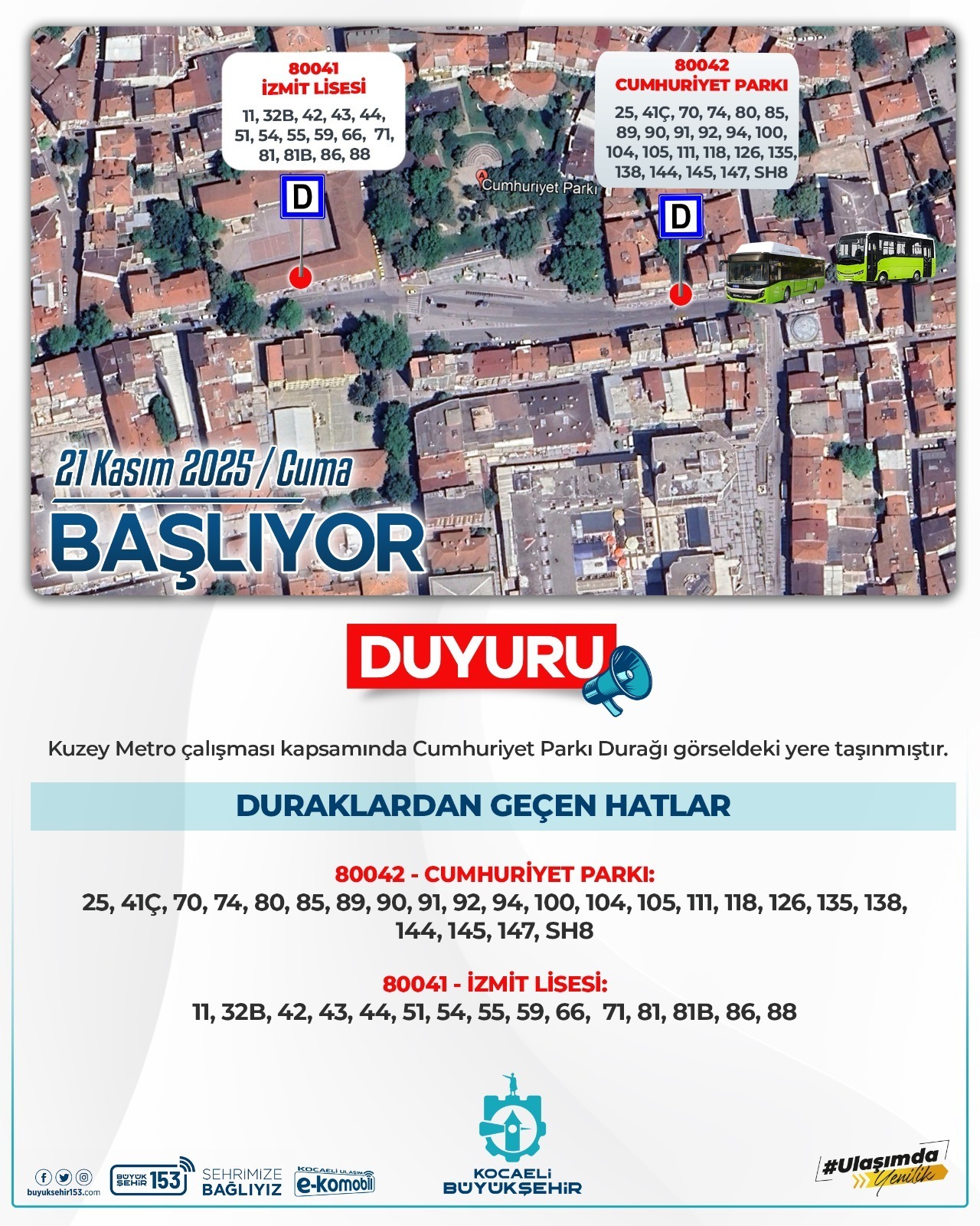Cumhuriyet Parkı Durağı Taşındı! İzmit’te Hatlarda Yeni Düzenleme Yarın Başlıyor-1