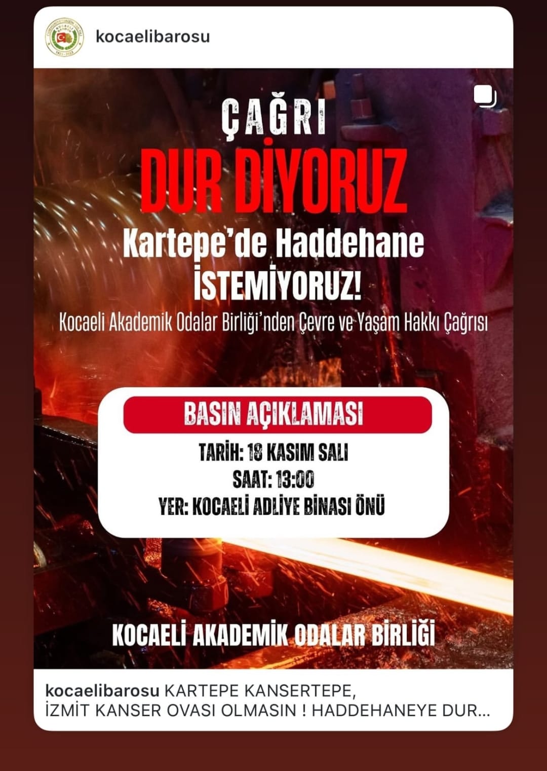 Kocaeli Barosu’ndan Sert Çağrı “Kartepe’de Haddehane İstemiyoruz!”-1