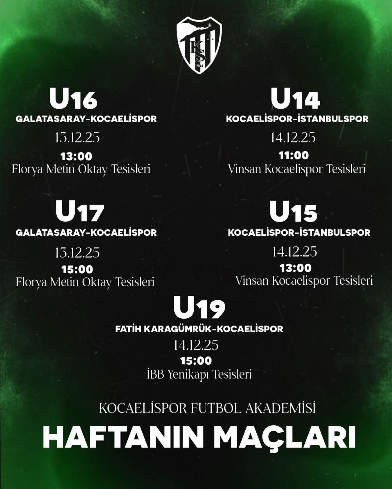 Kocaelispor Futbol Akademisi’nde Haftanın Maç Programı Belli Oldu-1