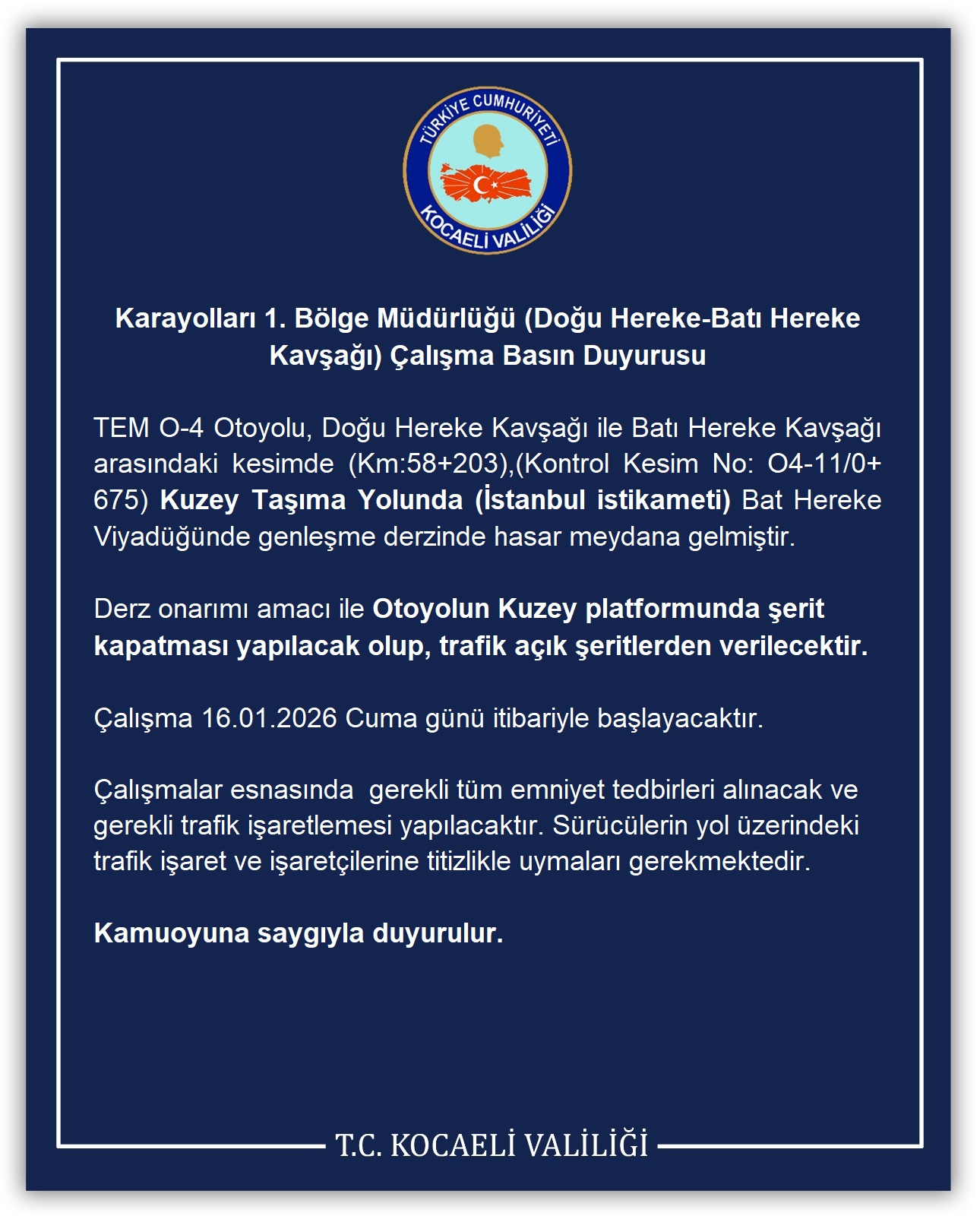 Kocaeli’de Tem O 4 Otoyolu’nun Doğu Hereke Ile Batı Hereke Kavşakları Arasındaki Bölümünde Viyadükte Oluşan Hasar Nedeniyle Şerit Kapatma Çalışması Yapılacak. Trafik, Açık Şeritlerden Kontrollü Şekilde Sağlanacak-1