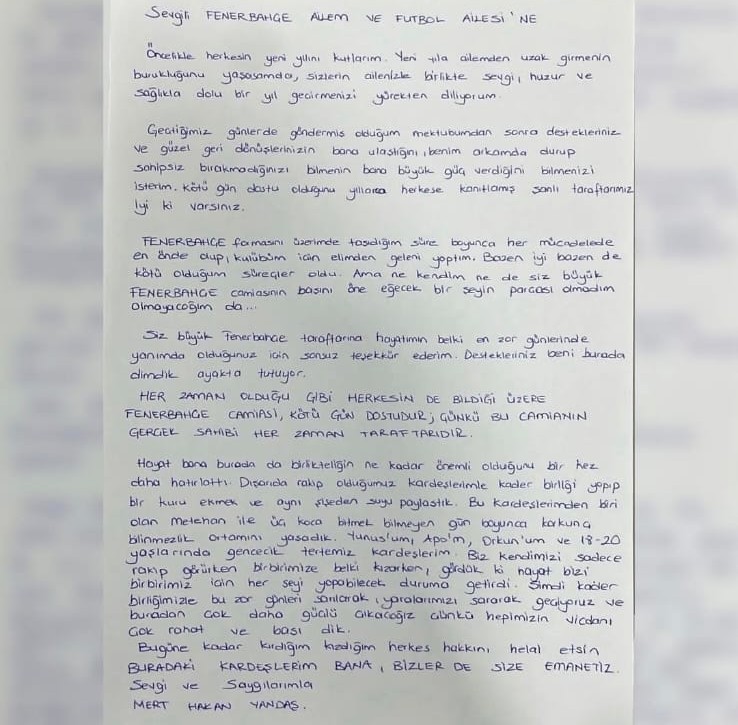 Mert Hakan Yandaş’tan Cezaevinden Yeni Yıl Mesajı “Fenerbahçe Ailesi’ne Minnettarım”-1