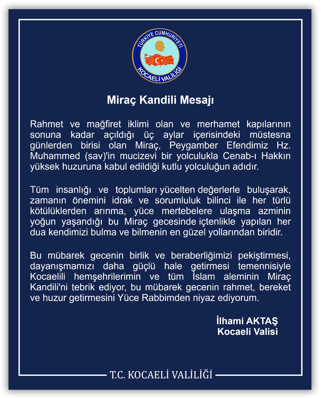 Vali Aktaş’tan Miraç Kandili Mesajı (2)