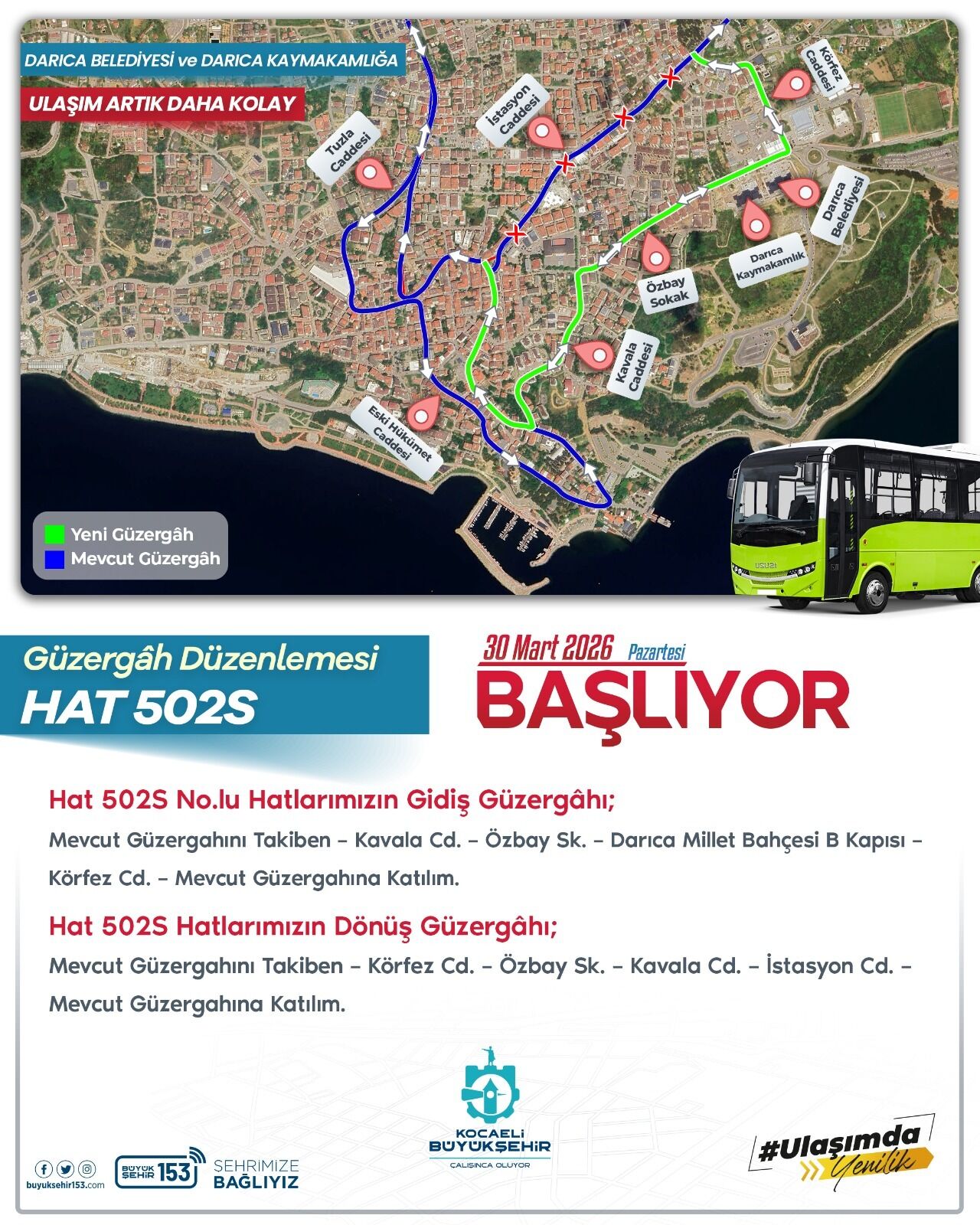 DARICA’DA ULAŞIMDA YENİ DÖNEM! BÜYÜKŞEHİR GÜZERGÂHLARI YENİLEDİ