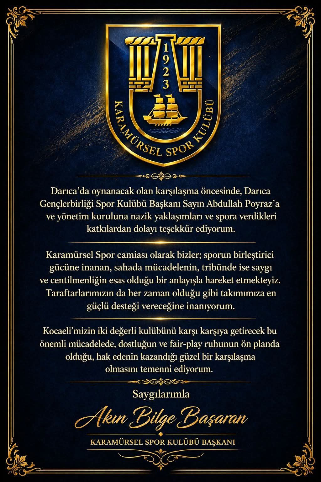 ​Karamürsel Spor Başkani Başaran'dan Darica Gençlerbi̇rli̇ği̇'ne Teşekkür Mesaji-1
