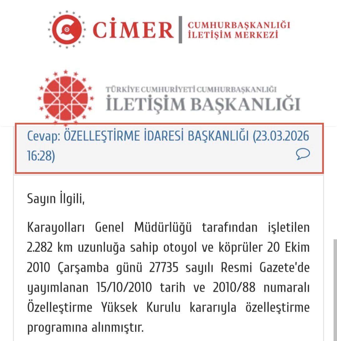 Otoyol Cimer Bildirimi