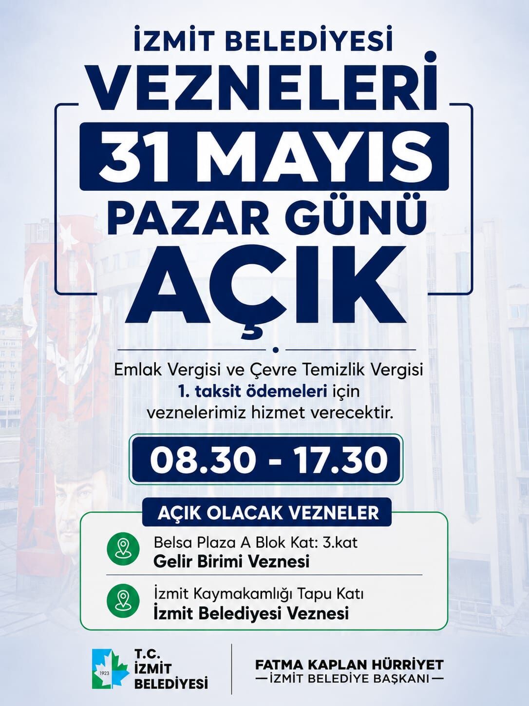 İzmit Belediyesi Vezneleri 31 Mayıs Pazar Günü Açık Olacak