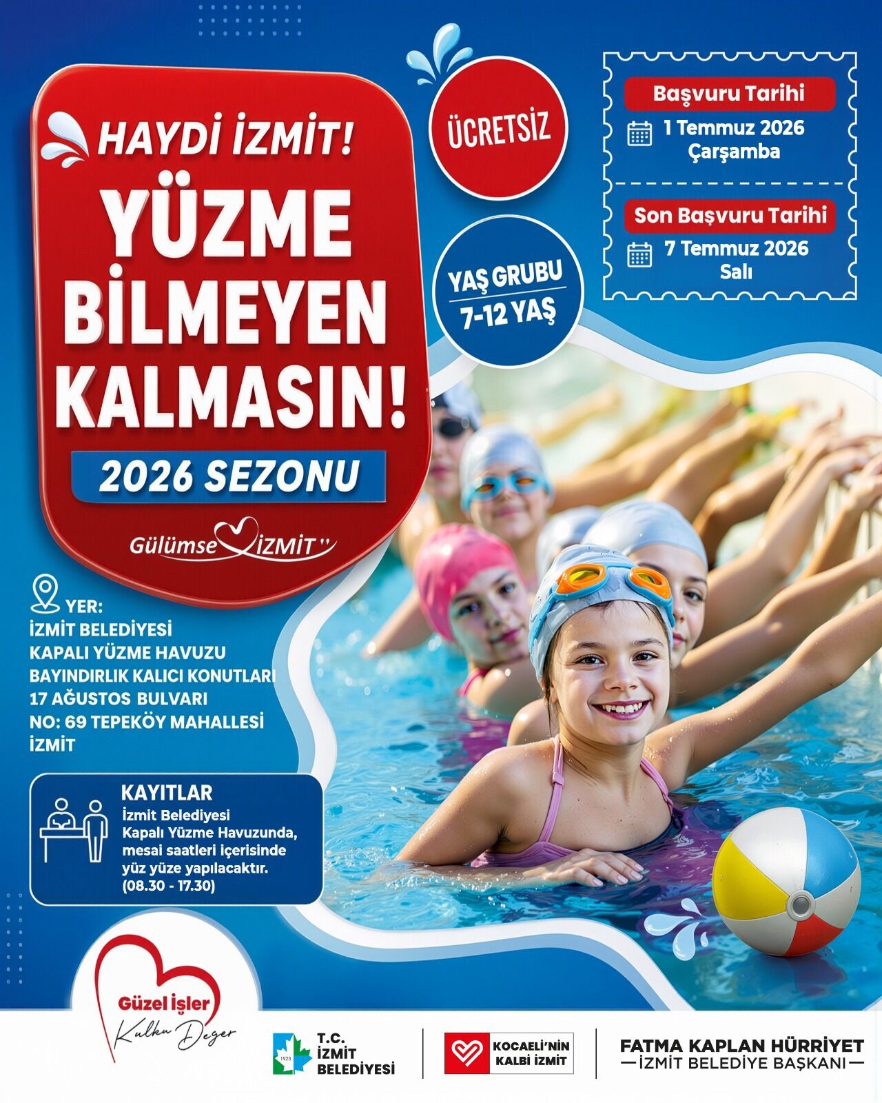İzmit Belediyesinden Çocuklara Ücretsiz Yüzme Eğitimi