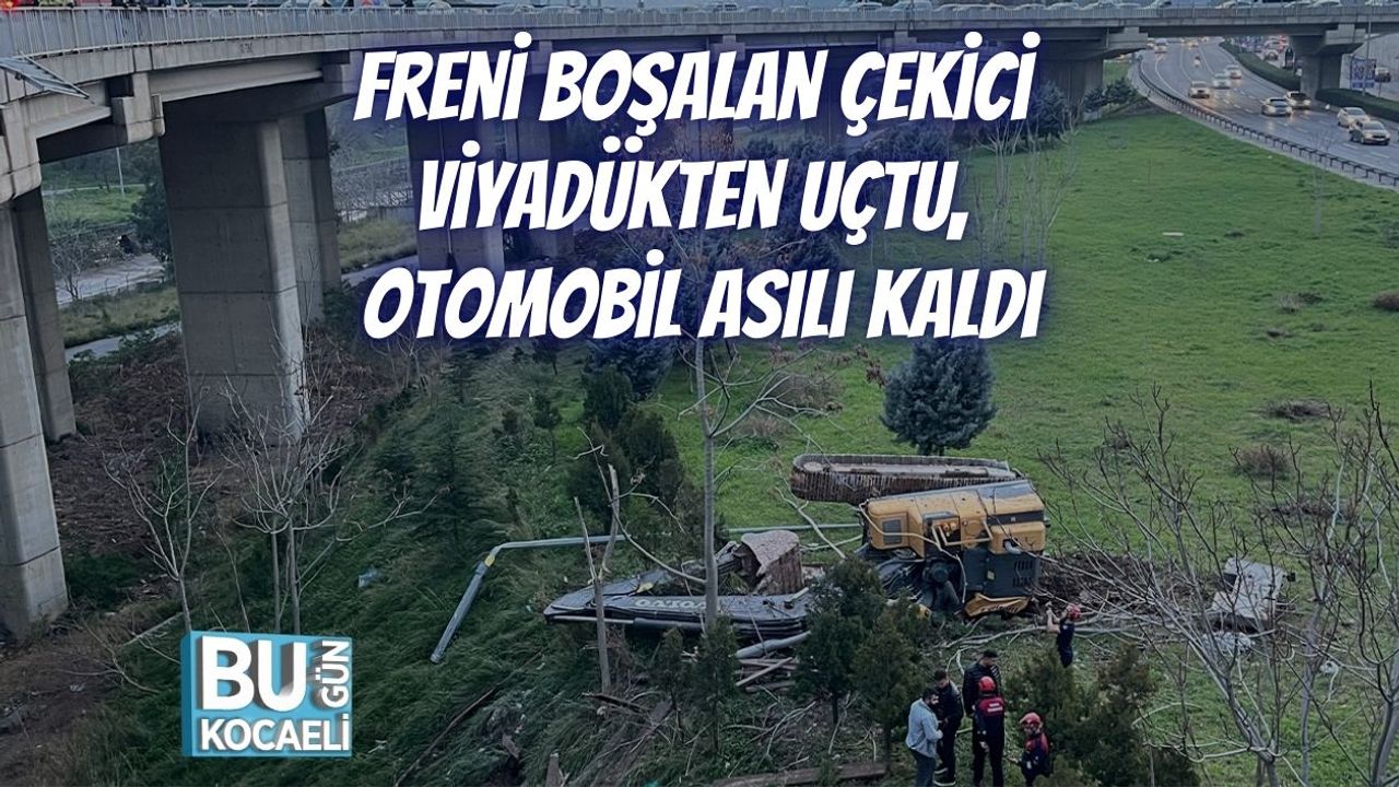 Freni Boşalan Çekici Viyadükten Uçtu, Otomobil Asılı Kaldı