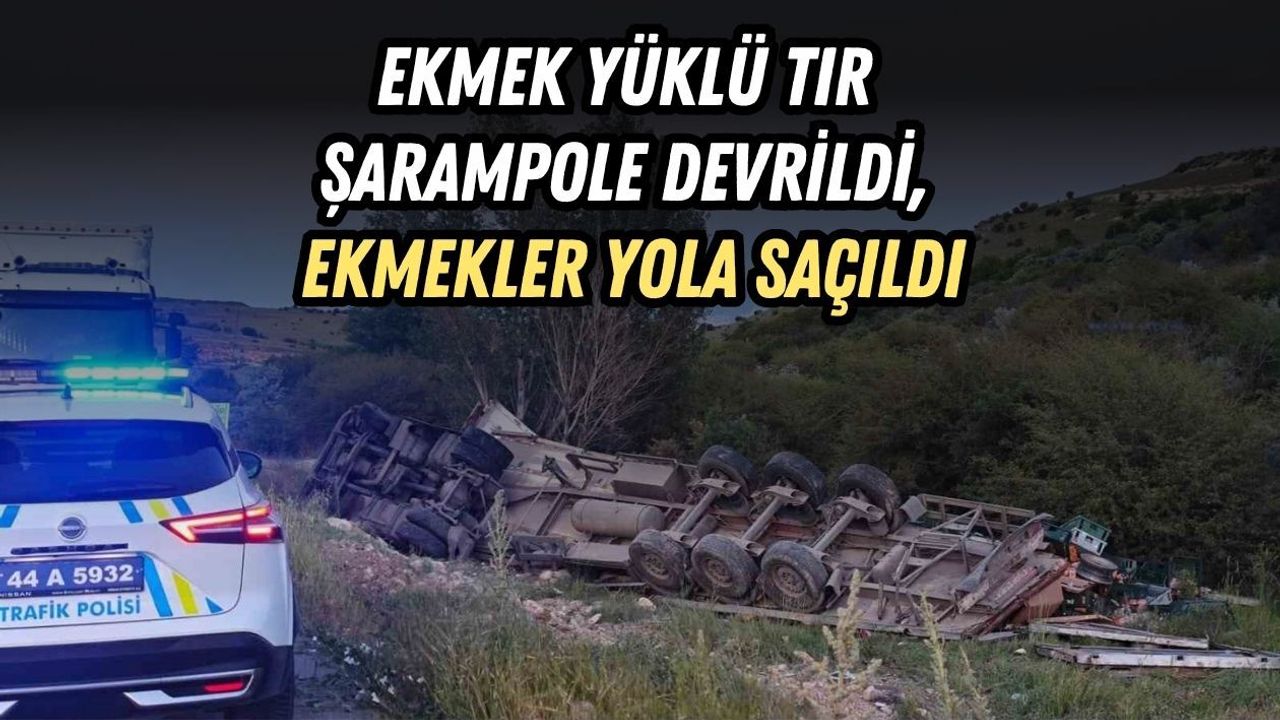 EKMEK YÜKLÜ TIR ŞARAMPOLE DEVRİLDİ, EKMEKLER YOLA SAÇILDI