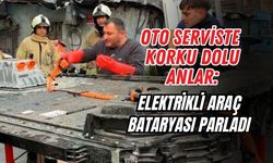 OTO SERVİSTE KORKU DOLU ANLAR: ELEKTRİKLİ ARAÇ BATARYASI PARLADI