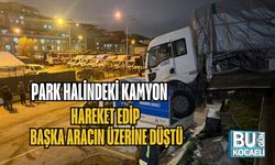 PARK HALİNDEKİ KAMYON HAREKET EDİP BAŞKA ARACIN ÜZERİNE DÜŞTÜ