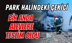 PARK HALİNDEKİ ÇEKİCİ BİR ANDA ALEVLERE TESLİM OLDU