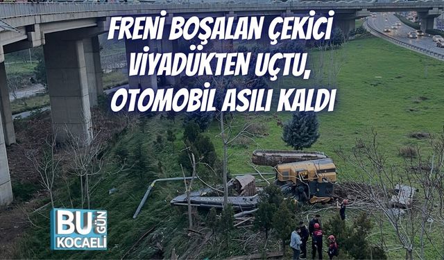 Freni Boşalan Çekici Viyadükten Uçtu, Otomobil Asılı Kaldı